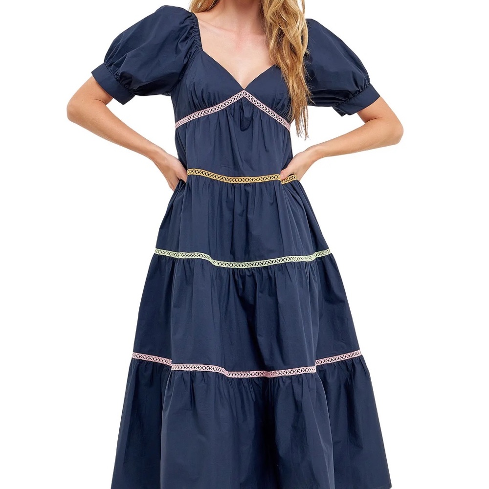 English Factory Multicolor Trim Midi Dress Medium, NAVY Blue Size M